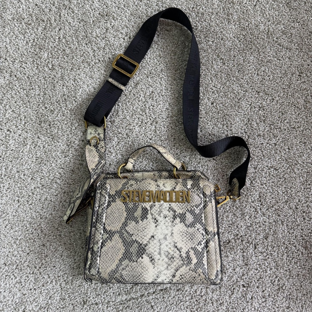 Steve Madden Satchel Bag Womens Small Beige Faux Leather Snakeskin Zip Purse